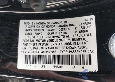 2019 Honda Civic Lx z USA, uszkodzony, nr VIN 2HGFC2F64KH553985